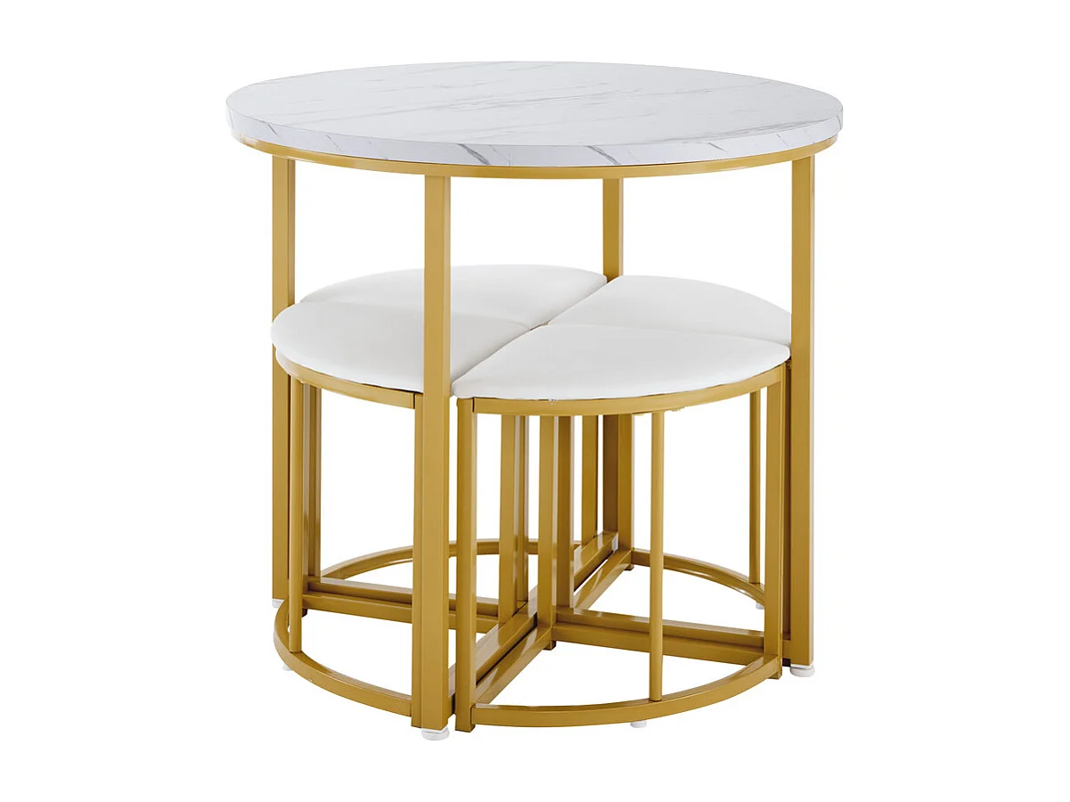 Ensemble table ronde et 4 chaises en velours blanc, MDF + cadres en fer doré, table à manger 80 x 80 x 75cm