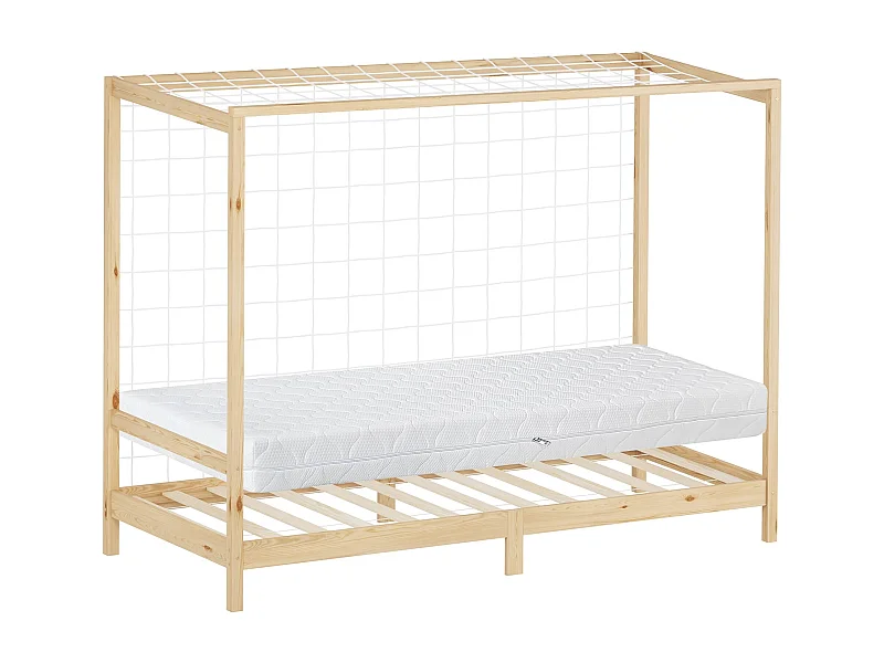Lit d'enfant 90x200 cm avec matelas H16 cm en mousse cadre naturel en bois design football pin massif robuste avec sommier à lattes et filet de but