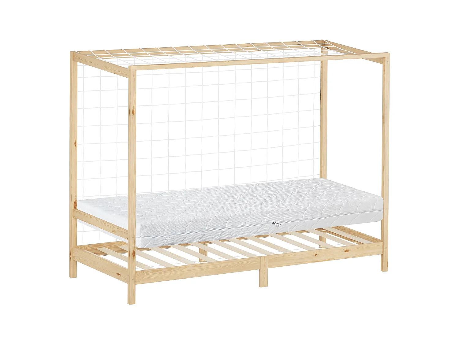 Lit d'enfant 90x200 cm avec matelas H16 cm en mousse cadre naturel en bois design football pin massif robuste avec sommier à lattes et filet de but