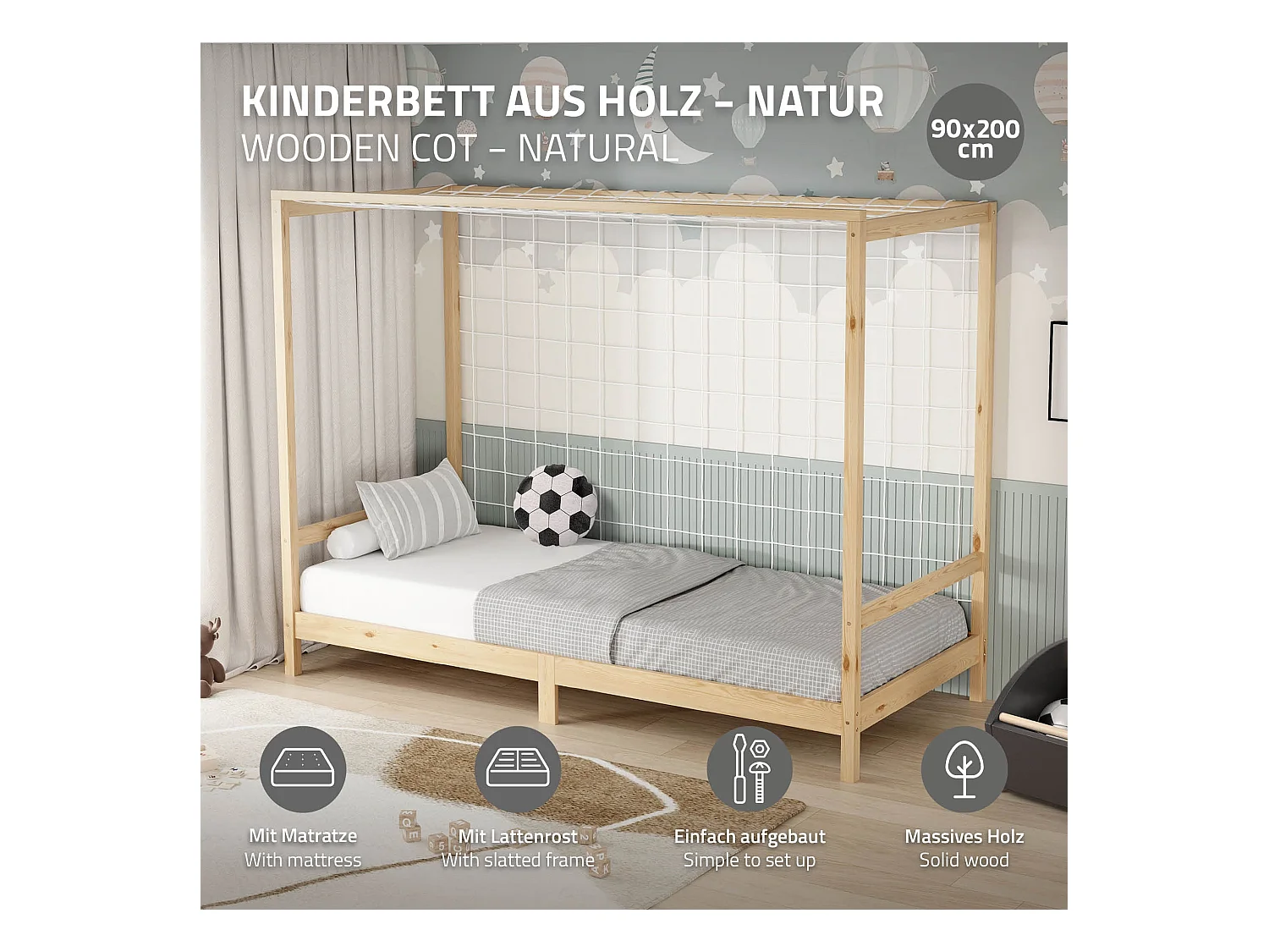 Lit d'enfant 90x200 cm avec matelas H16 cm en mousse cadre naturel en bois design football pin massif robuste avec sommier à lattes et filet de but