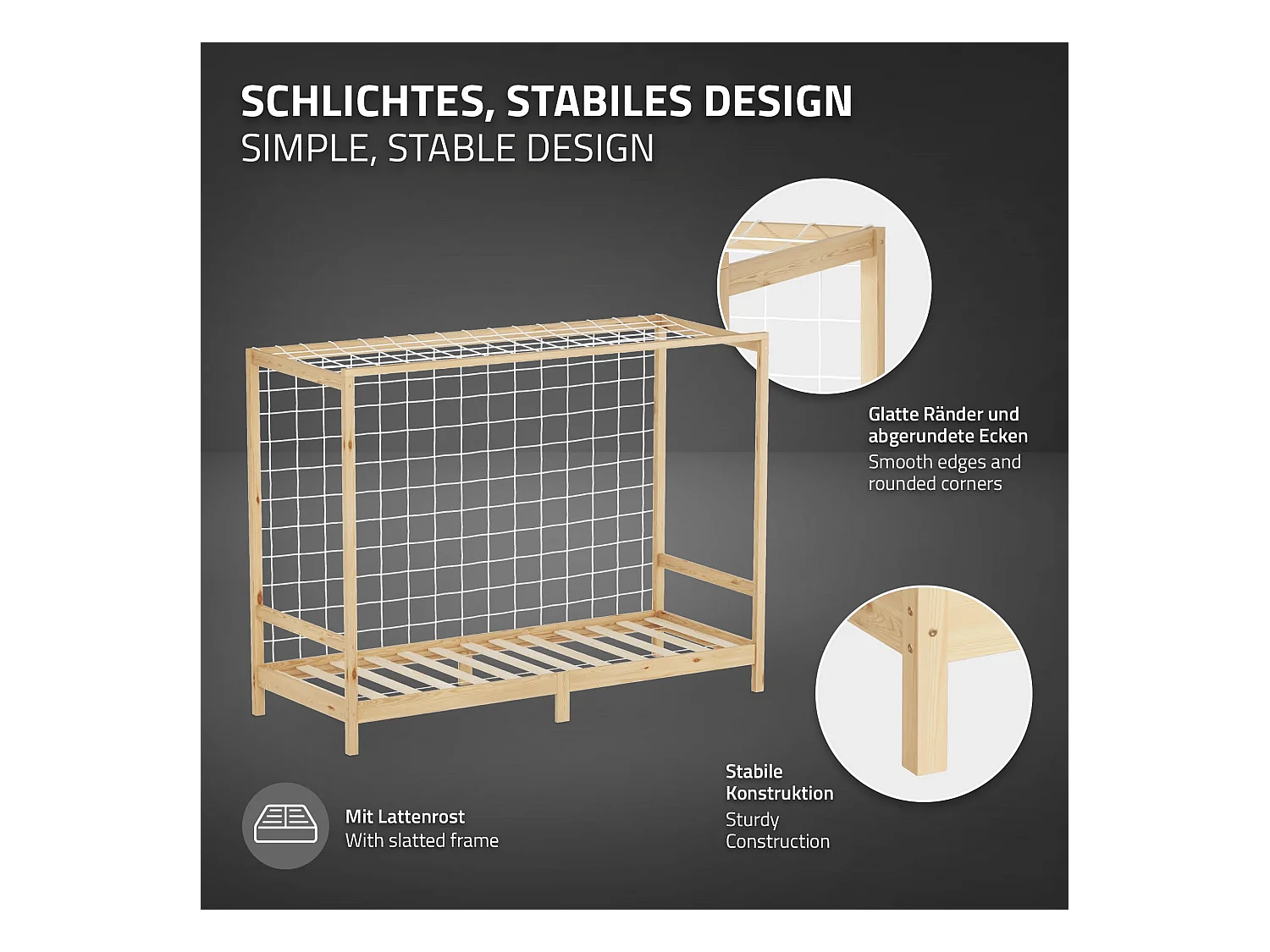 Lit d'enfant 90x200 cm avec matelas H16 cm en mousse cadre naturel en bois design football pin massif robuste avec sommier à lattes et filet de but