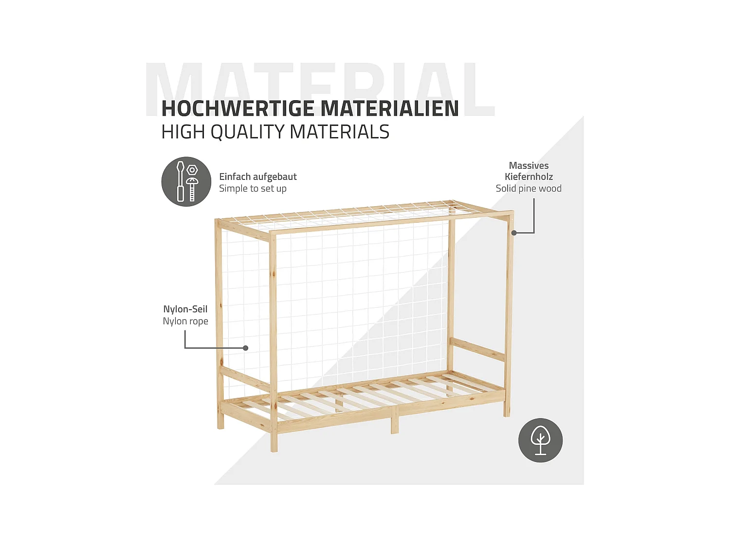 Lit d'enfant 90x200 cm avec matelas H16 cm en mousse cadre naturel en bois design football pin massif robuste avec sommier à lattes et filet de but