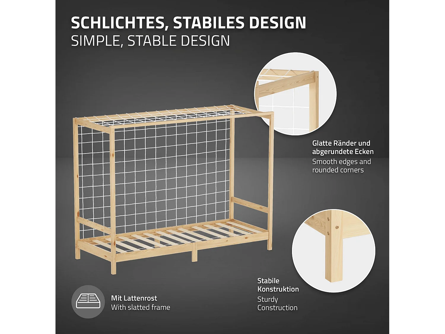 Lit d'enfant 90x200 cm avec matelas H16 cm en mousse cadre naturel en bois design football pin massif robuste avec sommier à lattes et filet de but