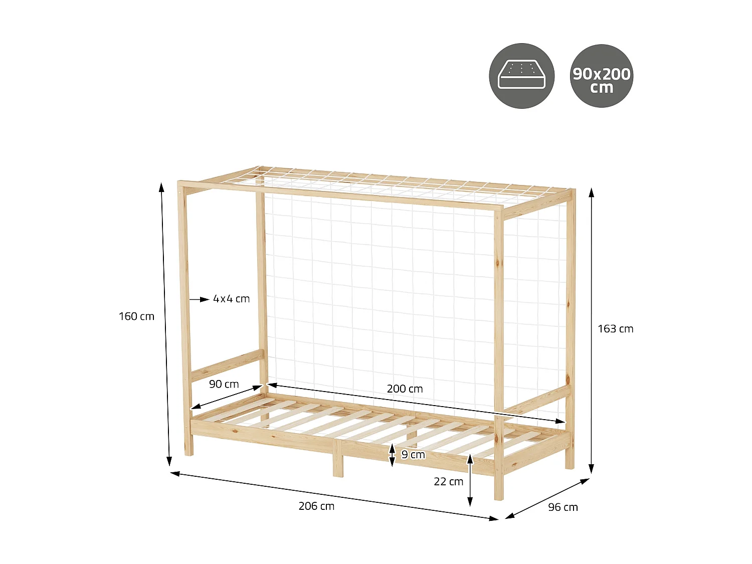 Lit d'enfant 90x200 cm avec matelas H16 cm en mousse cadre naturel en bois design football pin massif robuste avec sommier à lattes et filet de but