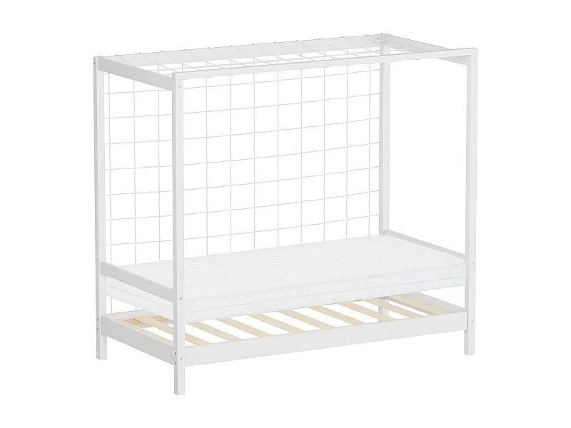 ML-Design Cama infantil 80x160 cm + colchón 10cm en forma de portería de fútbol de madera de pino blanca, cuna individual para niño con somier y red