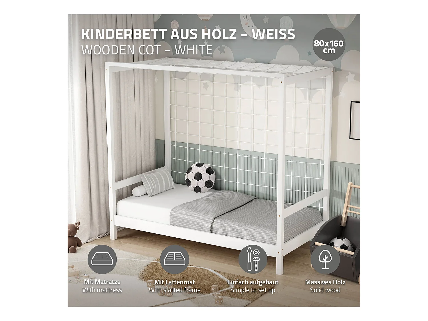 Lit d'enfant 80x160 cm avec matelas H10 cm en mousse cadre blanc en bois design football pin massif robuste avec sommier à lattes et filet de but