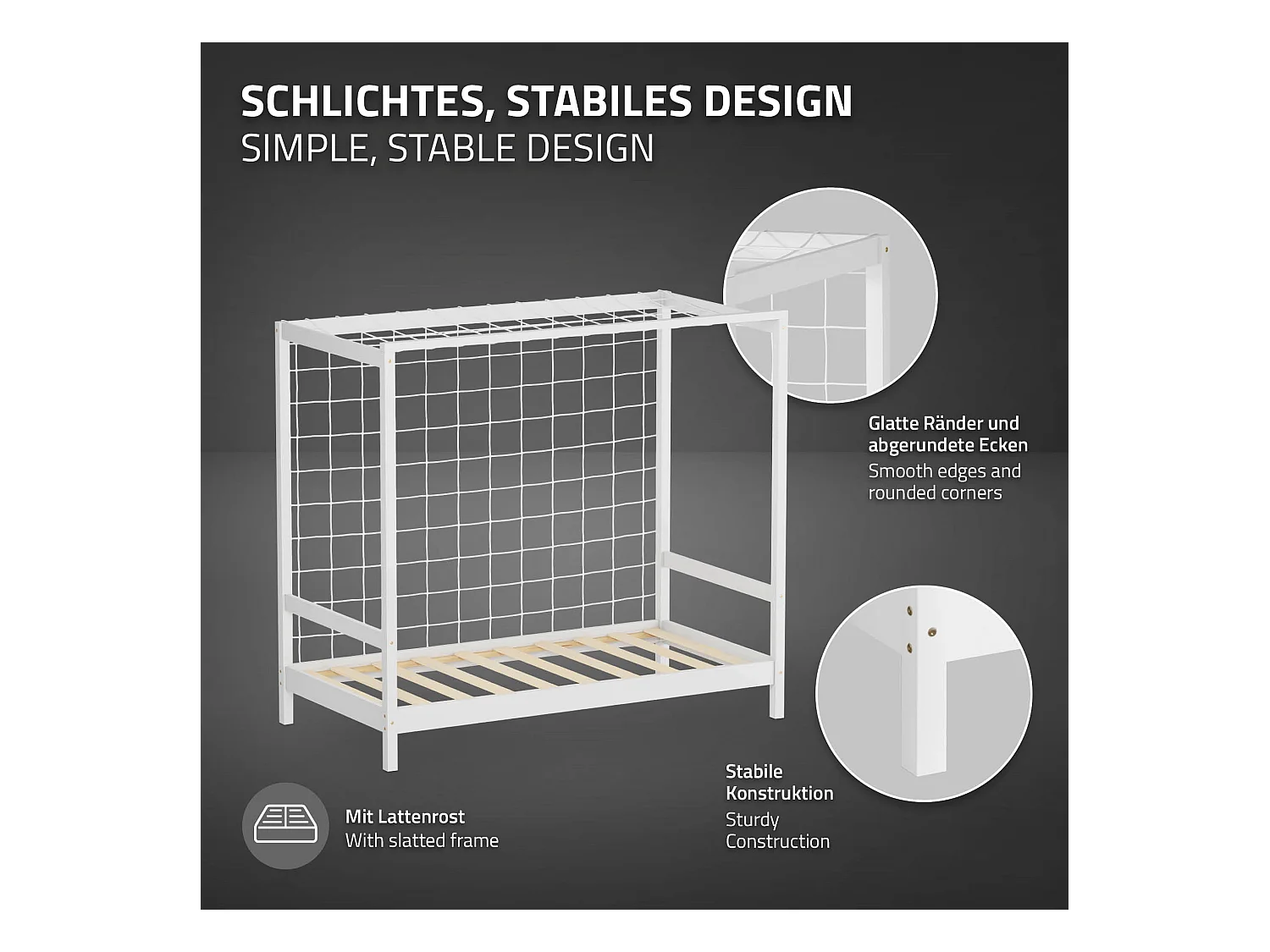 Lit d'enfant 80x160 cm avec matelas H10 cm en mousse cadre blanc en bois design football pin massif robuste avec sommier à lattes et filet de but