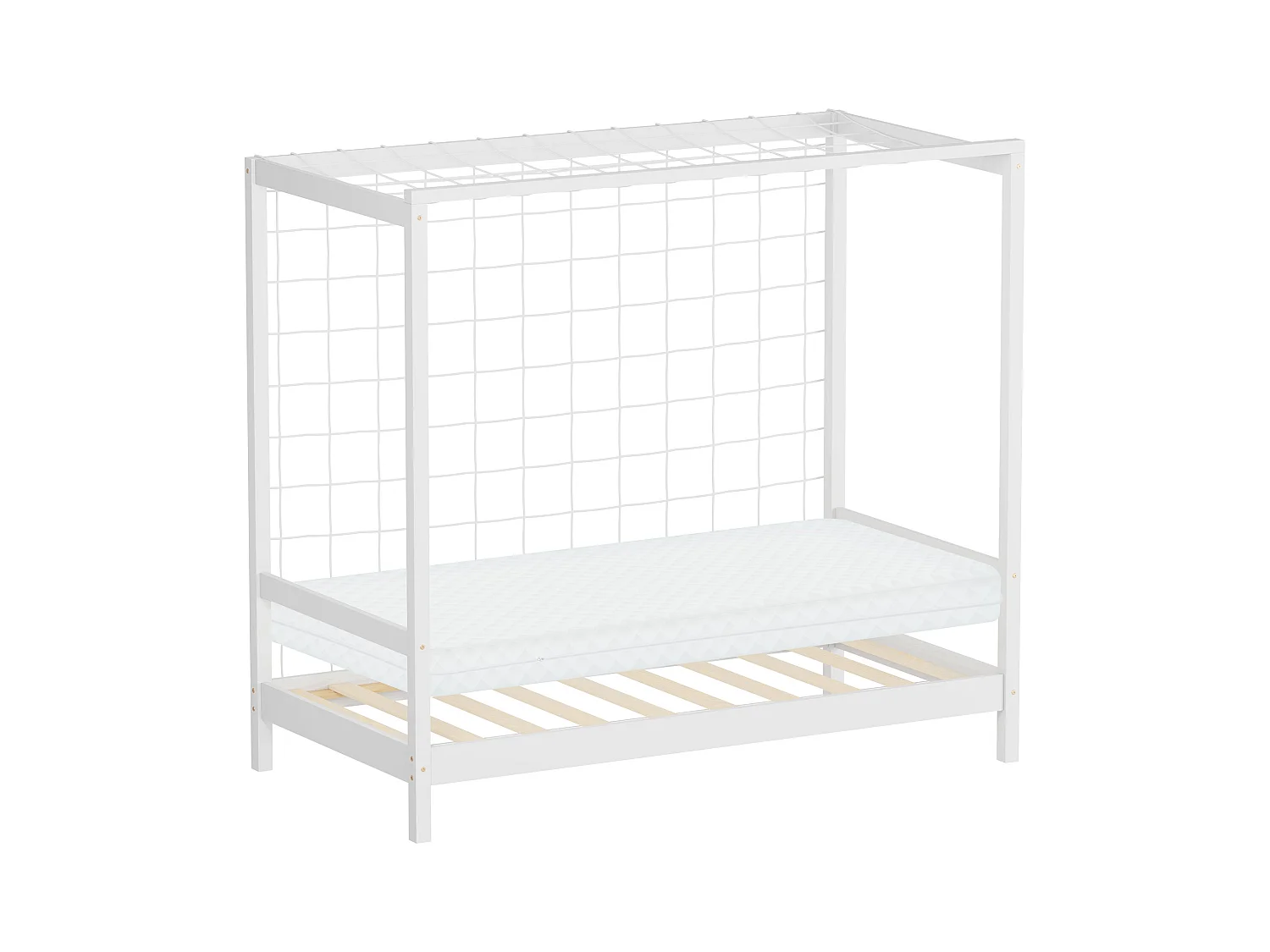 ML-Design Cama infantil 80x160 cm + colchón 10cm en forma de portería de fútbol de madera de pino blanca, cuna individual para niño con somier y red