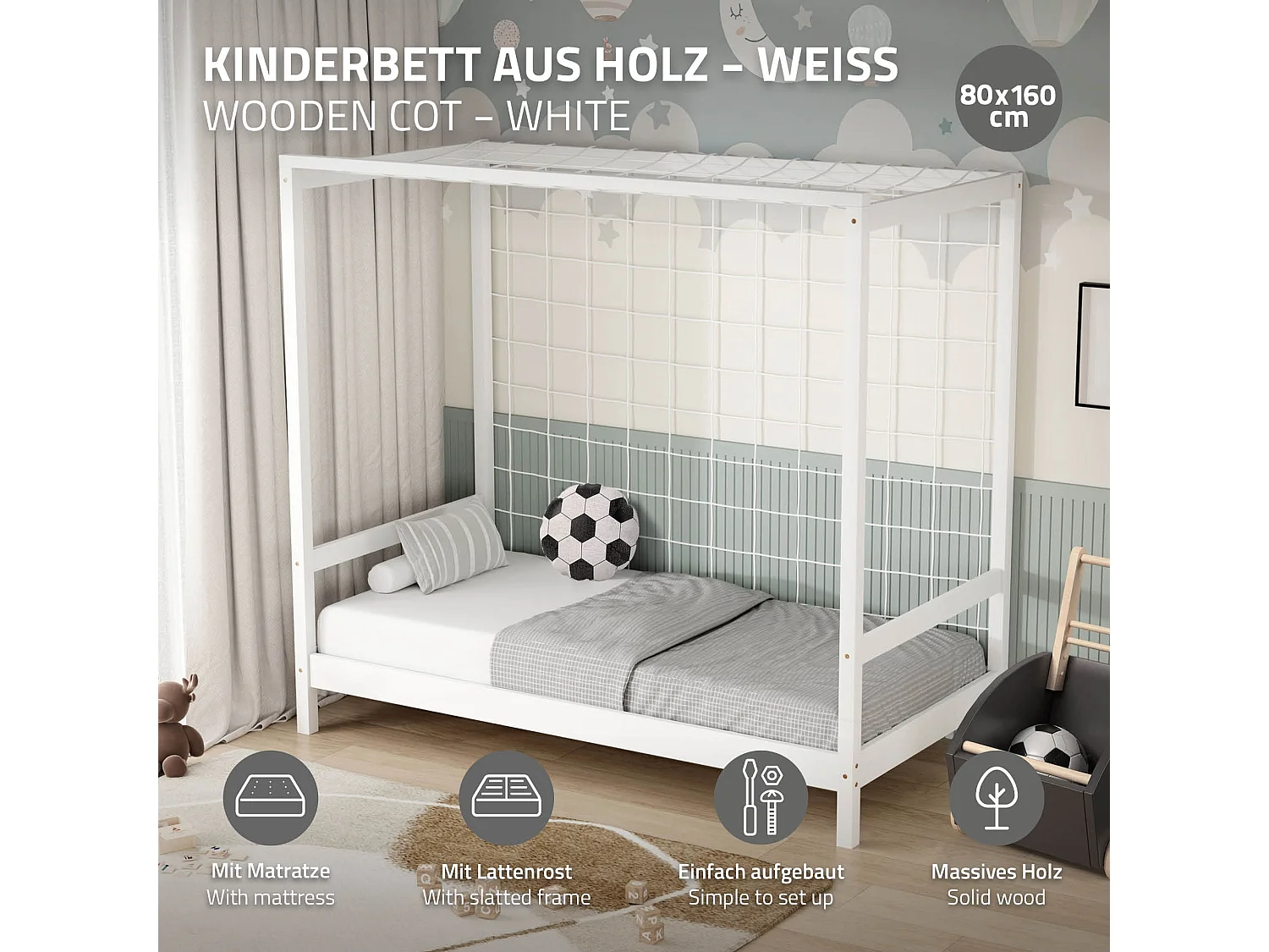Lit d'enfant 80x160 cm avec matelas H10 cm en mousse cadre blanc en bois design football pin massif robuste avec sommier à lattes et filet de but