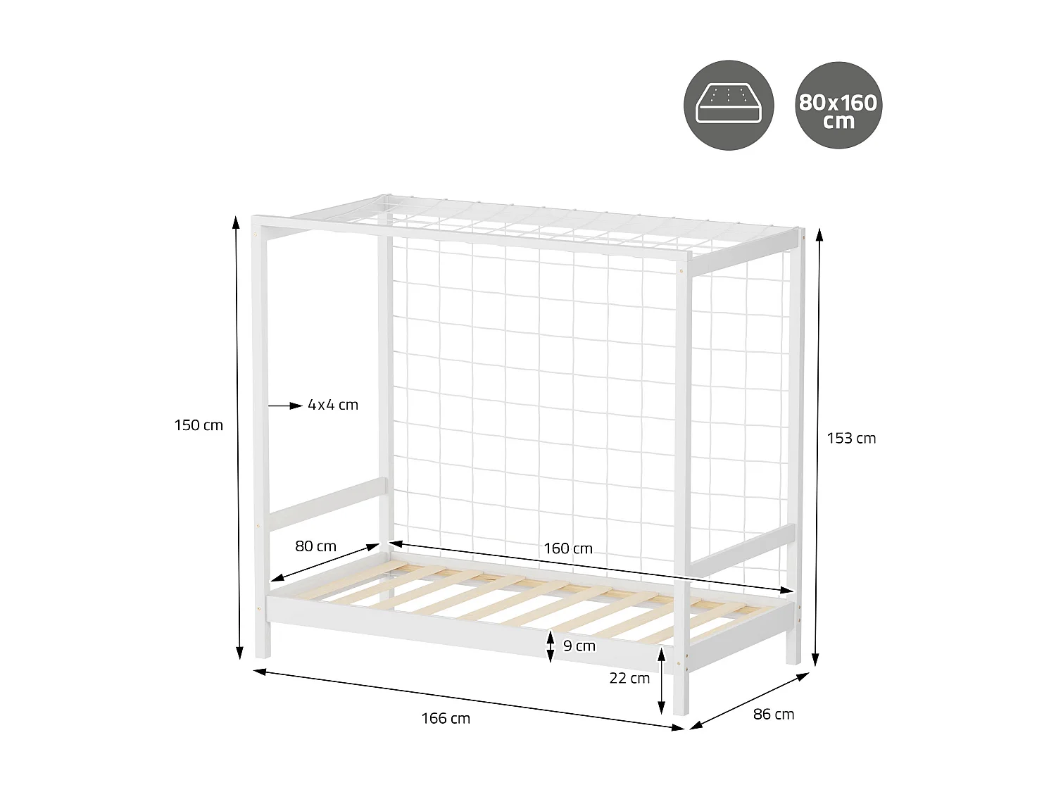 Lit d'enfant 80x160 cm avec matelas H10 cm en mousse cadre blanc en bois design football pin massif robuste avec sommier à lattes et filet de but