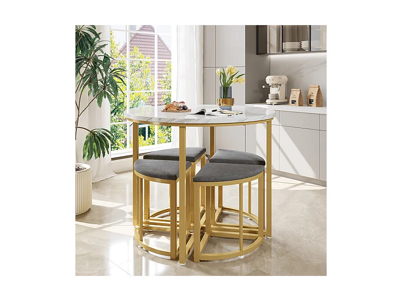 Ensemble table ronde et 4 chaises en velours gris, MDF + cadres en fer doré, table à manger 80 x 80 x 75cm