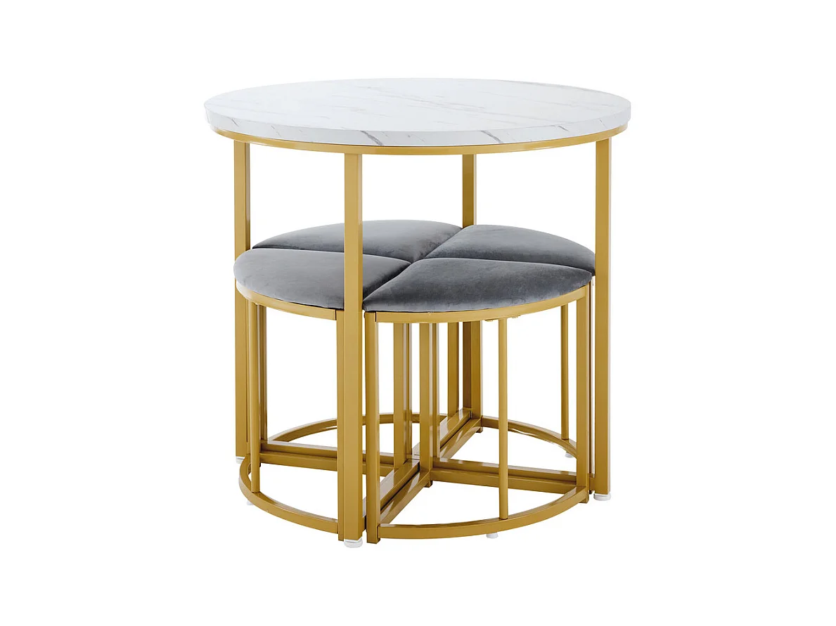 Ensemble table ronde et 4 chaises en velours gris, MDF + cadres en fer doré, table à manger 80 x 80 x 75cm