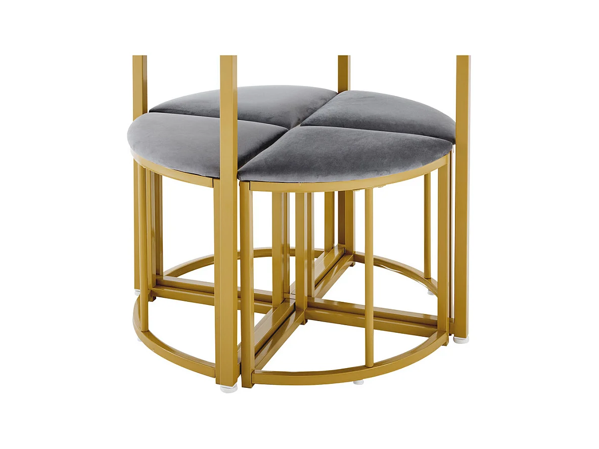 Ensemble table ronde et 4 chaises en velours gris, MDF + cadres en fer doré, table à manger 80 x 80 x 75cm