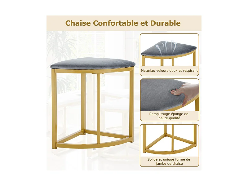 Ensemble table ronde et 4 chaises en velours gris, MDF + cadres en fer doré, table à manger 80 x 80 x 75cm