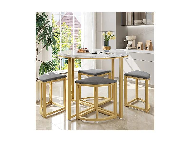 Ensemble table ronde et 4 chaises en velours gris, MDF + cadres en fer doré, table à manger 80 x 80 x 75cm