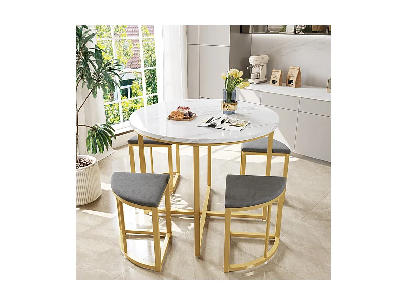 Ensemble table ronde et 4 chaises en velours gris, MDF + cadres en fer doré, table à manger 80 x 80 x 75cm