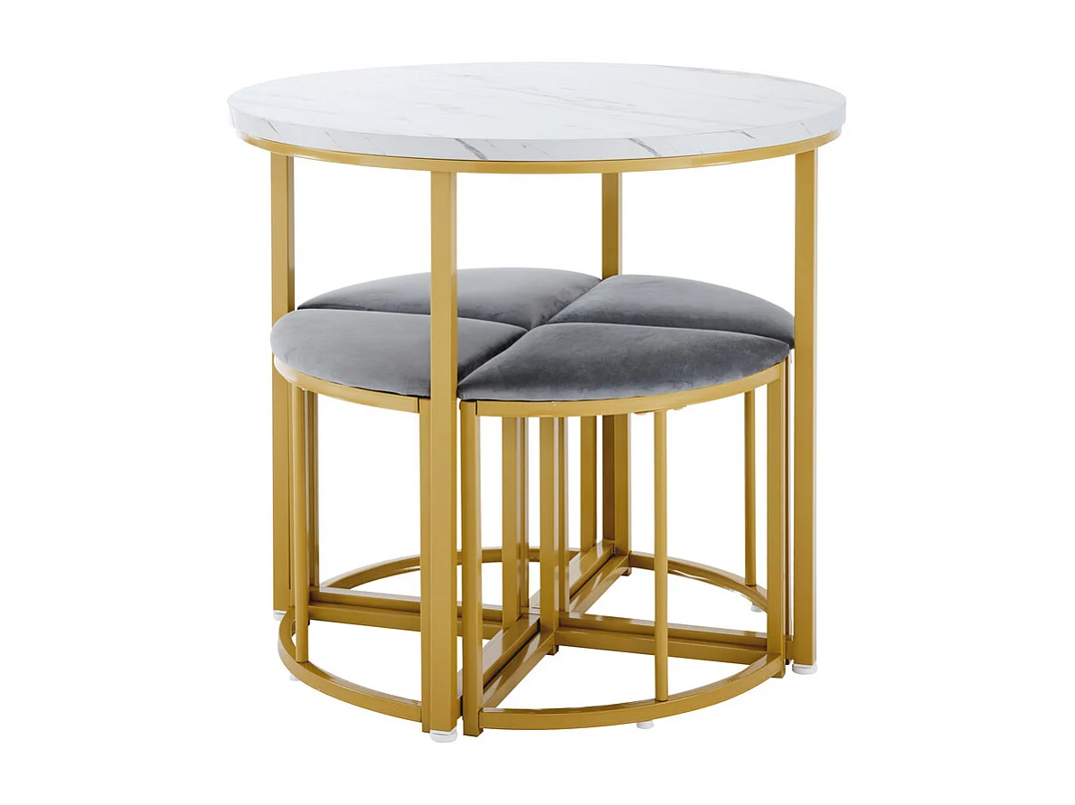 Ensemble table ronde et 4 chaises en velours gris, MDF + cadres en fer doré, table à manger 80 x 80 x 75cm