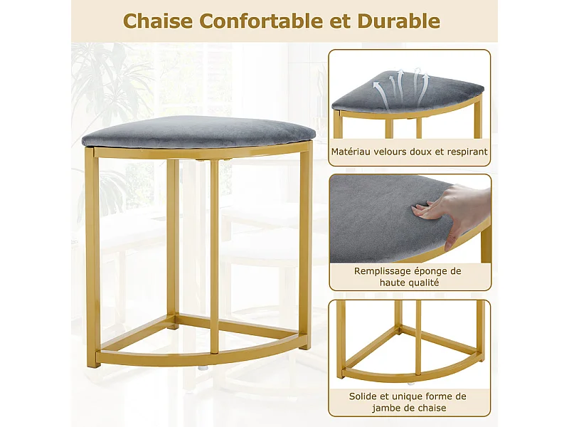 Ensemble table ronde et 4 chaises en velours gris, MDF + cadres en fer doré, table à manger 80 x 80 x 75cm