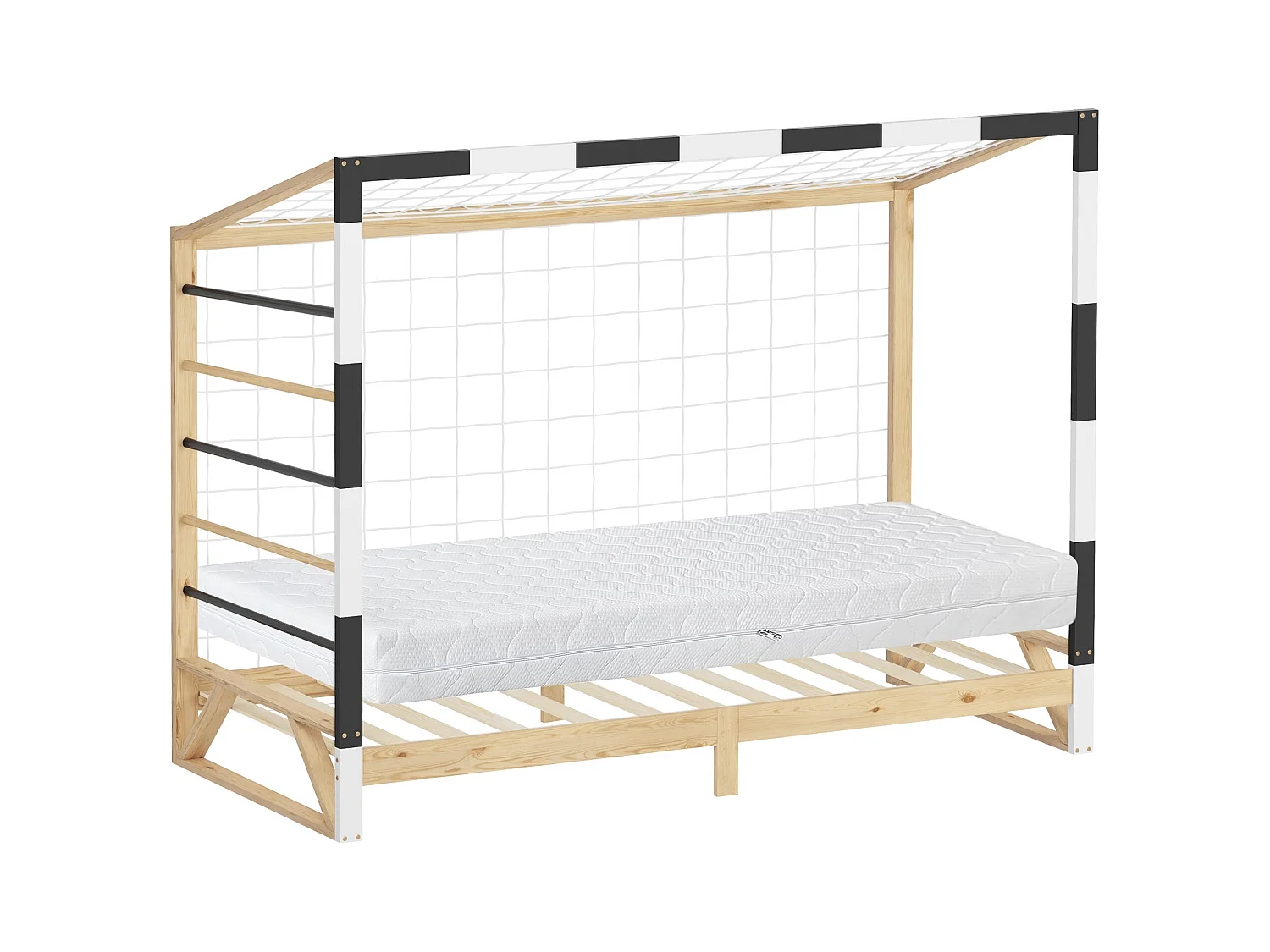 ML-Design Letto per bambini 90x200 cm a forma di porta da calcio con materasso 16 cm, rete a doghe e scala in legno di pino, lettino per cameretta