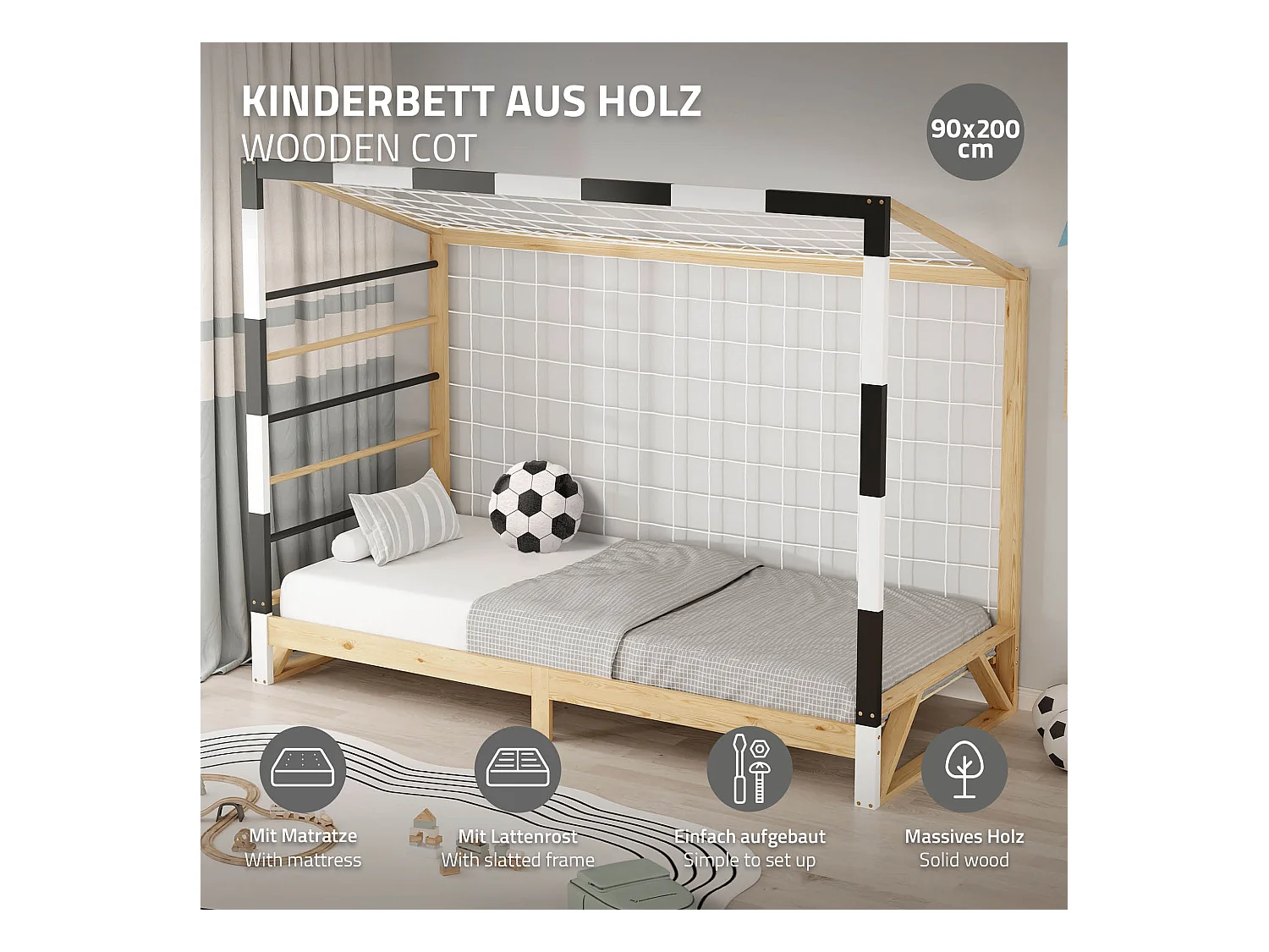 ML-Design Letto per bambini 90x200 cm a forma di porta da calcio con materasso 16 cm, rete a doghe e scala in legno di pino, lettino per cameretta