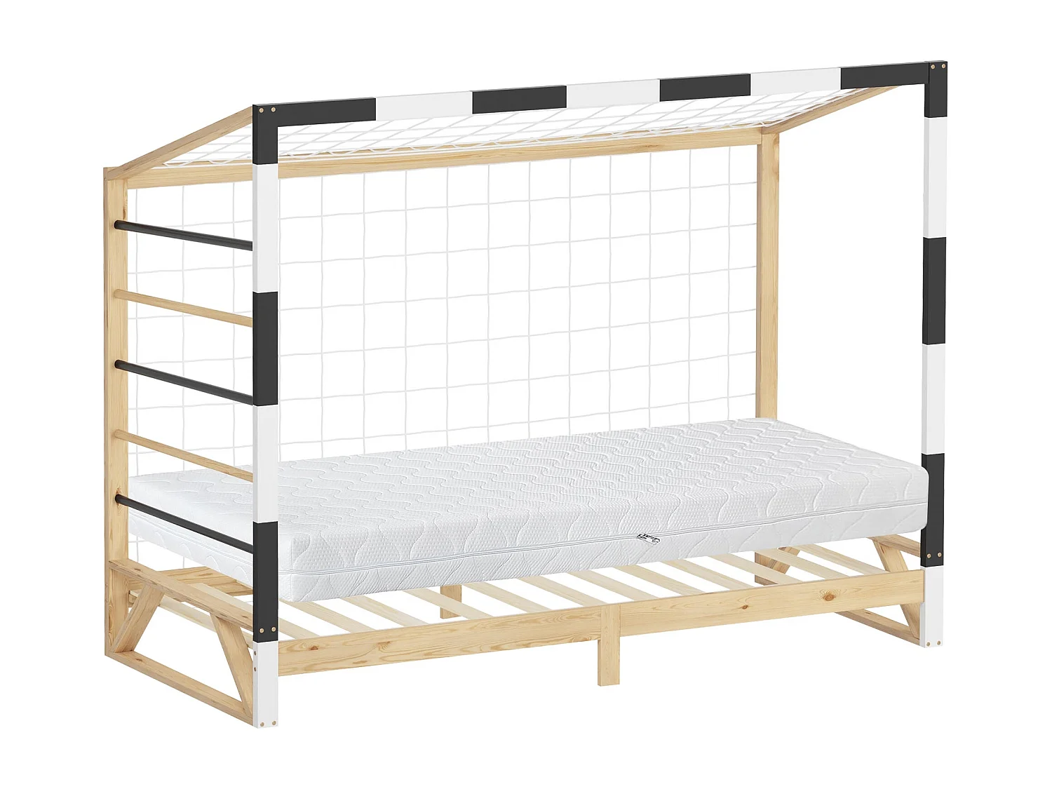 ML-Design Cama infantil 90x200cm madera + colchón 16cm, forma de portería de fútbol con escalera de trepar, cuna individual para niño con somier y red