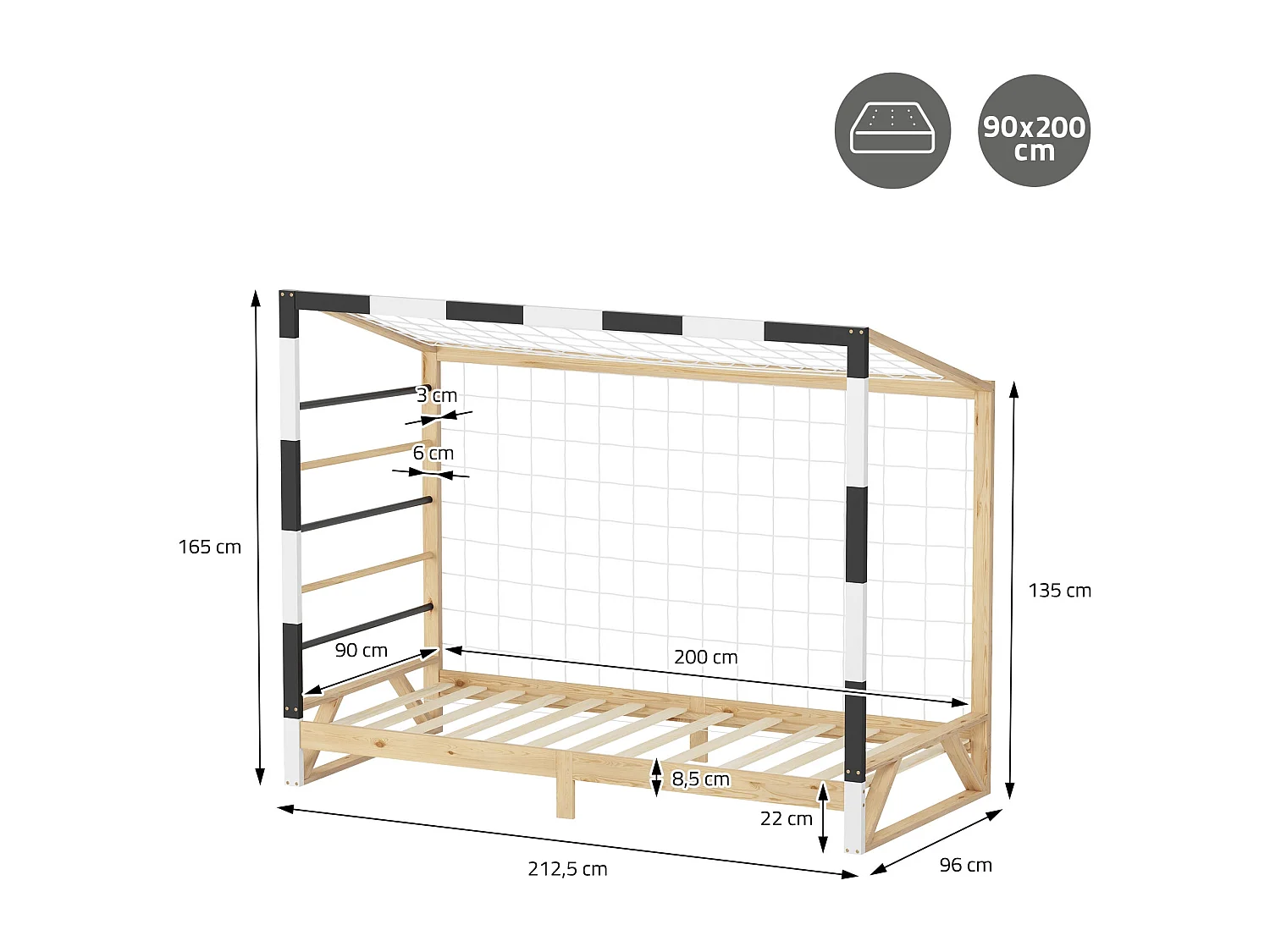 ML-Design Cama infantil 90x200cm madera + colchón 16cm, forma de portería de fútbol con escalera de trepar, cuna individual para niño con somier y red