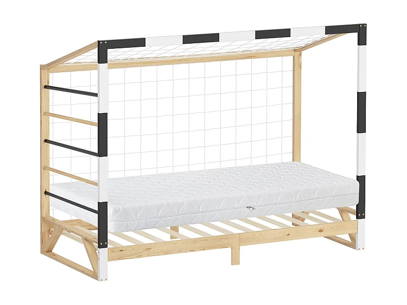 Lit d'enfant 90x200 cm avec matelas H16 cm en mousse cadre blanc noir en bois design football pin massif robuste avec sommier à lattes et filet de but