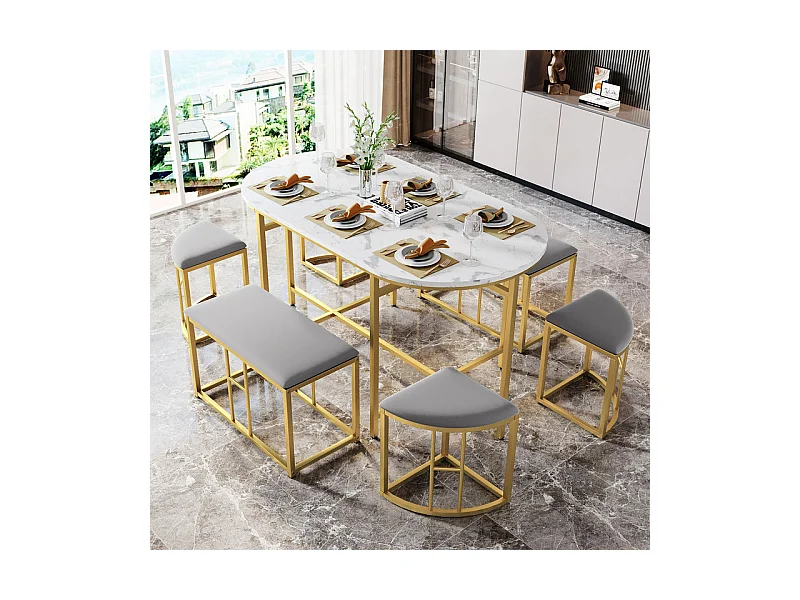 Table à manger ovale 6 personnes, avec 6 tabourets, Effet marbre, en MDF et acier, Charge max 120kg, 140x70x74cm