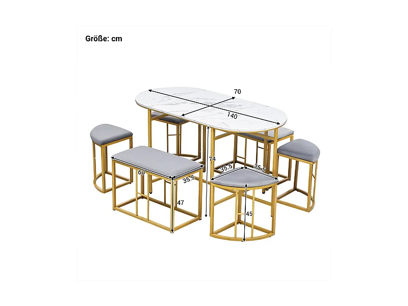 Table à manger ovale 6 personnes, avec 6 tabourets, Effet marbre, en MDF et acier, Charge max 120kg, 140x70x74cm