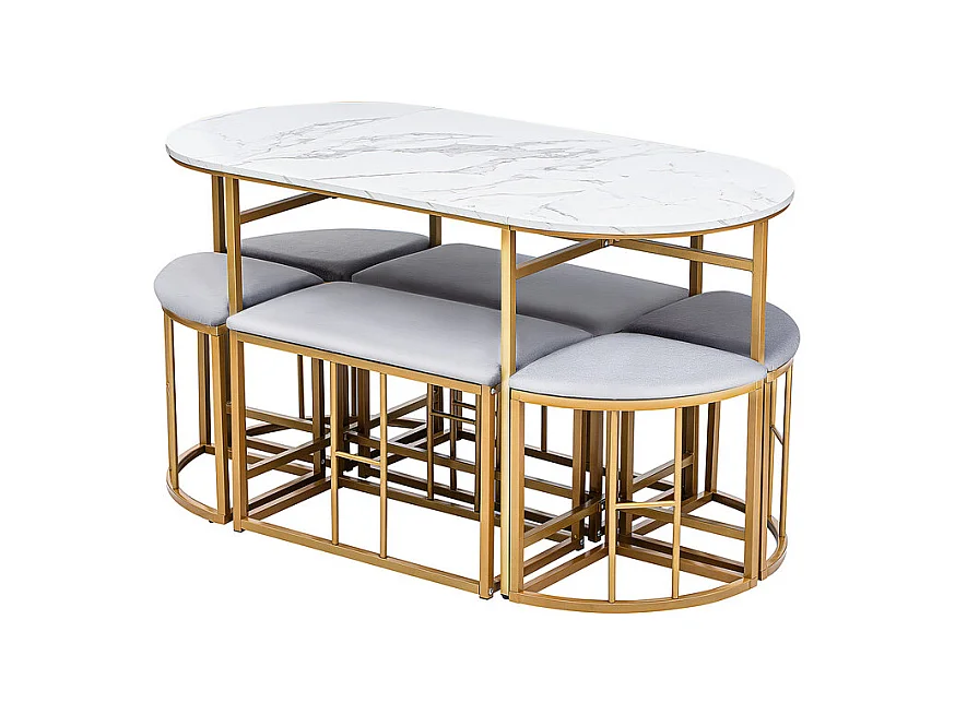 Table à manger ovale 6 personnes, avec 6 tabourets, Effet marbre, en MDF et acier, Charge max 120kg, 140x70x74cm