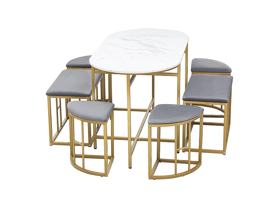 Table à manger ovale 6 personnes, avec 6 tabourets, Effet marbre, en MDF et acier, Charge max 120kg, 140x70x74cm