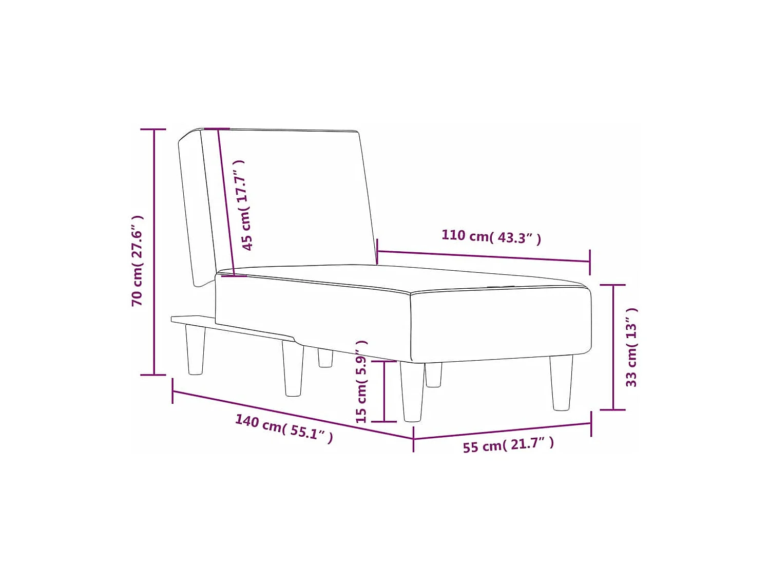 Méridienne chaise longue pour tissu grise 55 x 155 x 33 cm DEC026168