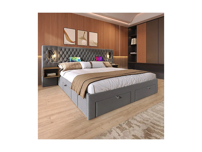 Lit coffre 160 × 200 cm en velours gris, avec 4 tiroirs, 2 tables de chevet, USB et lampe de lecture