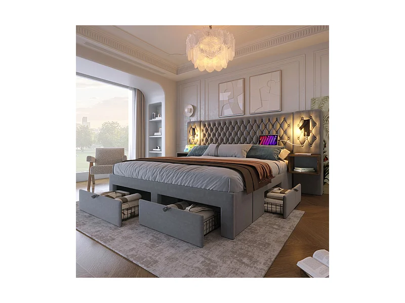 Lit coffre 160 × 200 cm en velours gris, avec 4 tiroirs, 2 tables de chevet, USB et lampe de lecture