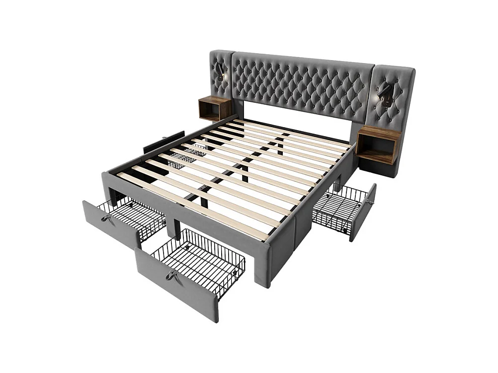 Lit coffre 160 × 200 cm en velours gris, avec 4 tiroirs, 2 tables de chevet, USB et lampe de lecture