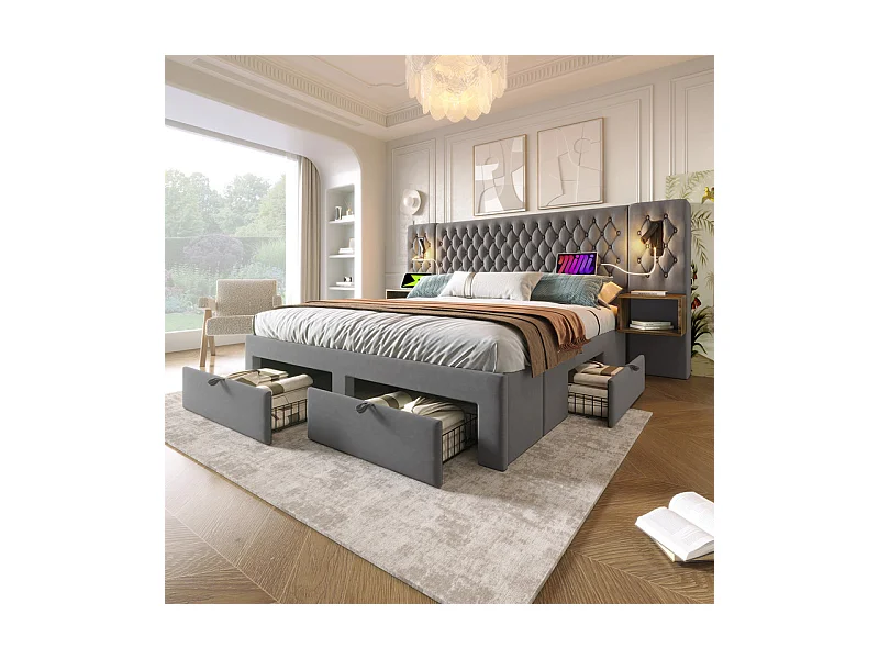 Lit coffre 160 × 200 cm en velours gris, avec 4 tiroirs, 2 tables de chevet, USB et lampe de lecture