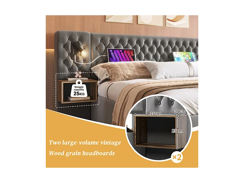 Lit coffre 160 × 200 cm en velours gris, avec 4 tiroirs, 2 tables de chevet, USB et lampe de lecture