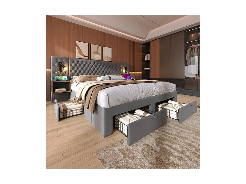 Lit coffre 160 × 200 cm en velours gris, avec 4 tiroirs, 2 tables de chevet, USB et lampe de lecture