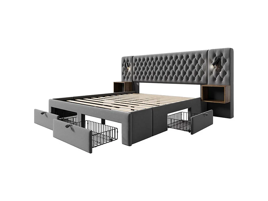 Lit coffre 160 × 200 cm en velours gris, avec 4 tiroirs, 2 tables de chevet, USB et lampe de lecture