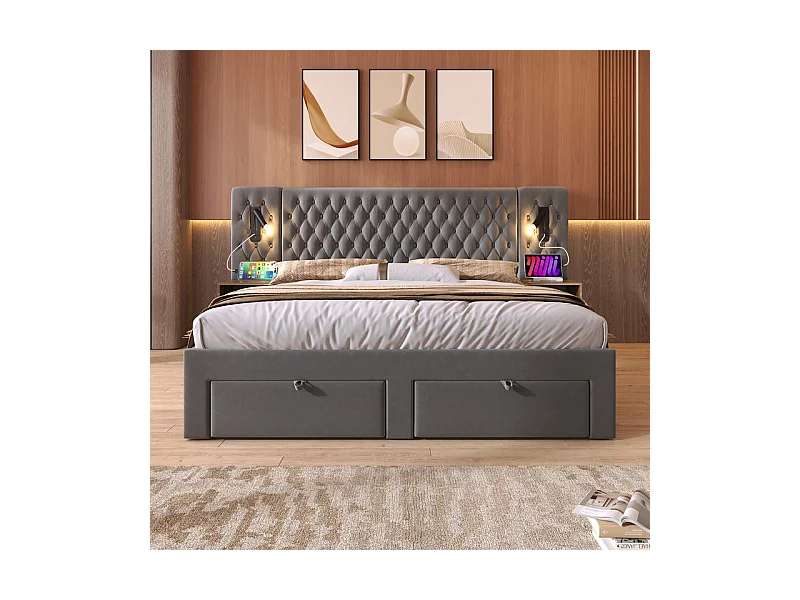 Lit coffre 160 × 200 cm en velours gris, avec 4 tiroirs, 2 tables de chevet, USB et lampe de lecture