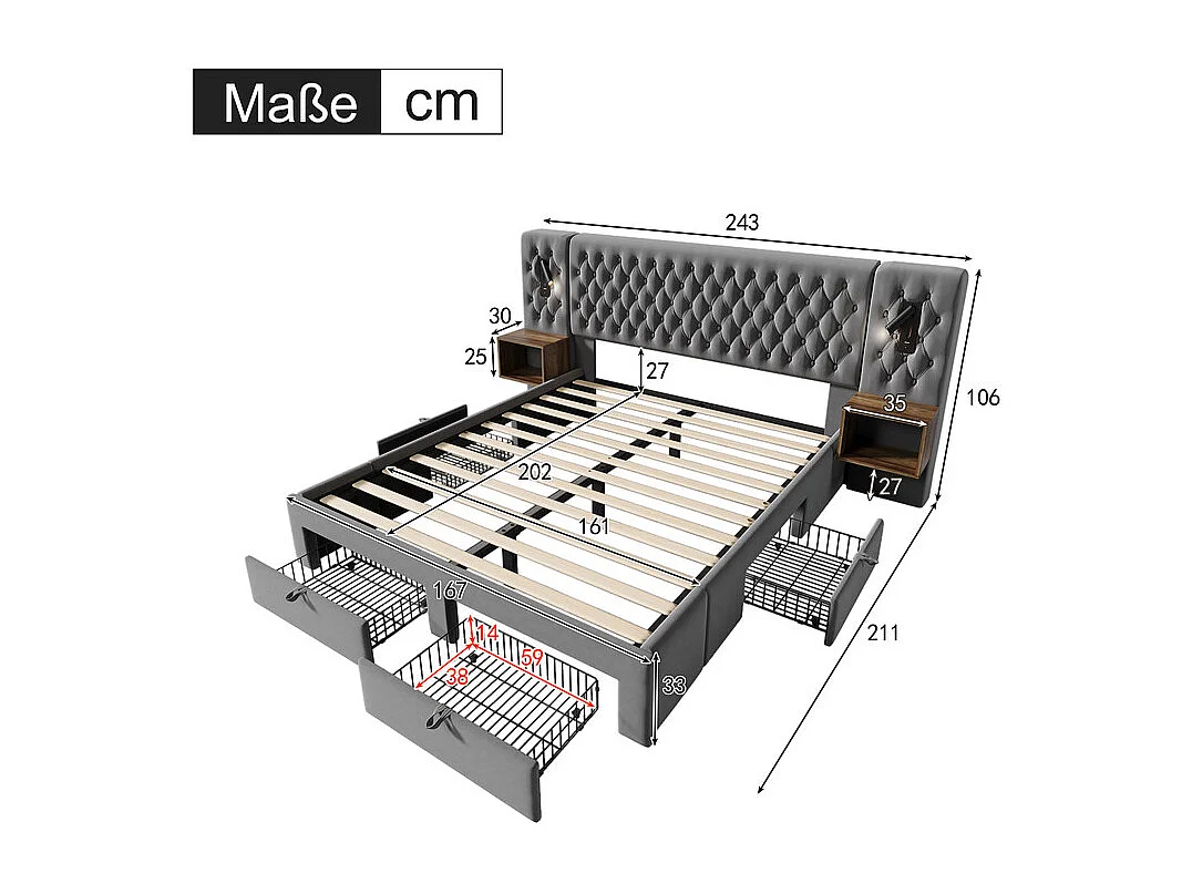 Opbergbed 160x200 cm in grijs fluweel - Met 4 lades, 2 nachtkastjes, USB en leeslamp