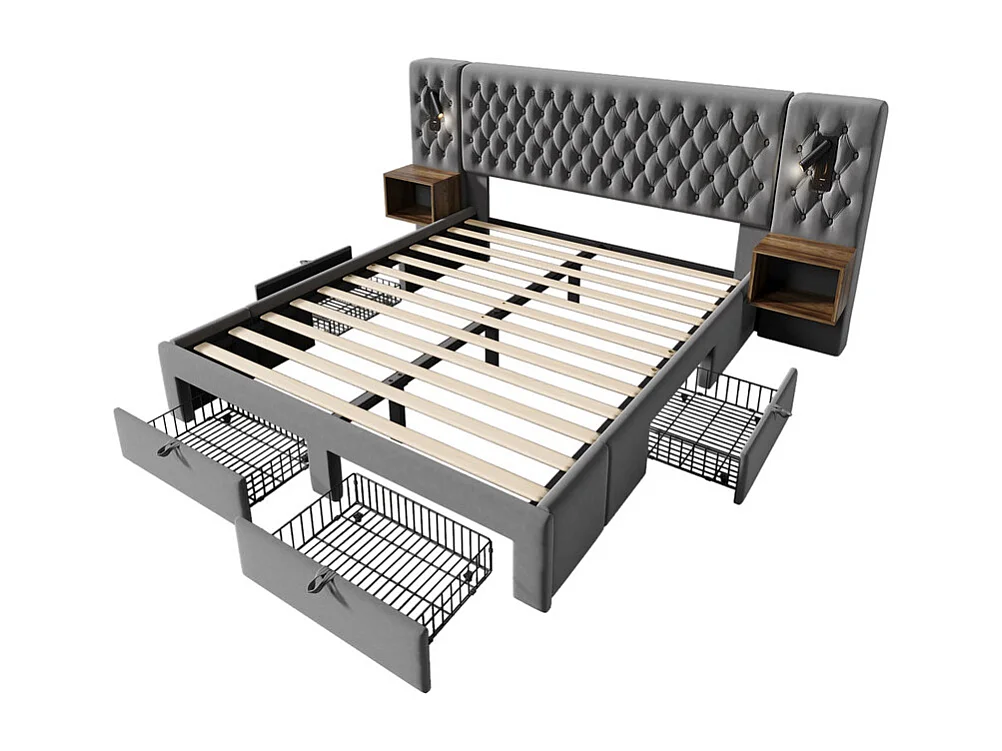 Opbergbed 160x200 cm in grijs fluweel - Met 4 lades, 2 nachtkastjes, USB en leeslamp