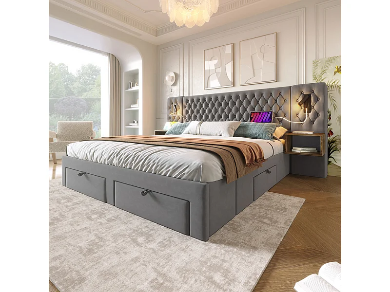 Opbergbed 160x200 cm in grijs fluweel - Met 4 lades, 2 nachtkastjes, USB en leeslamp