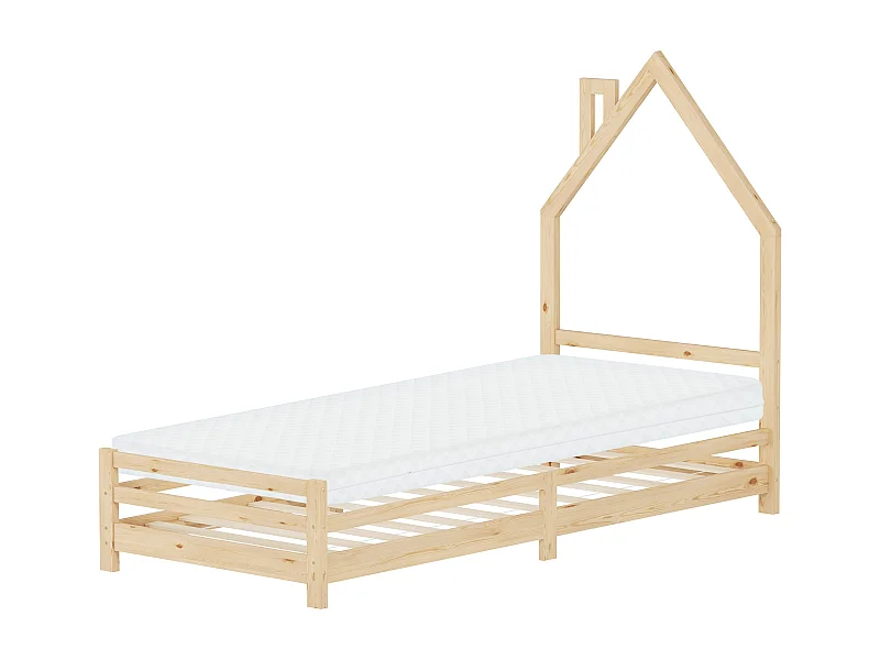 ML-Design Letto bambini 90x200 cm in pino naturale con testiera casetta, materasso 10 cm, rete a doghe, letto Montessori, lettino per cameretta