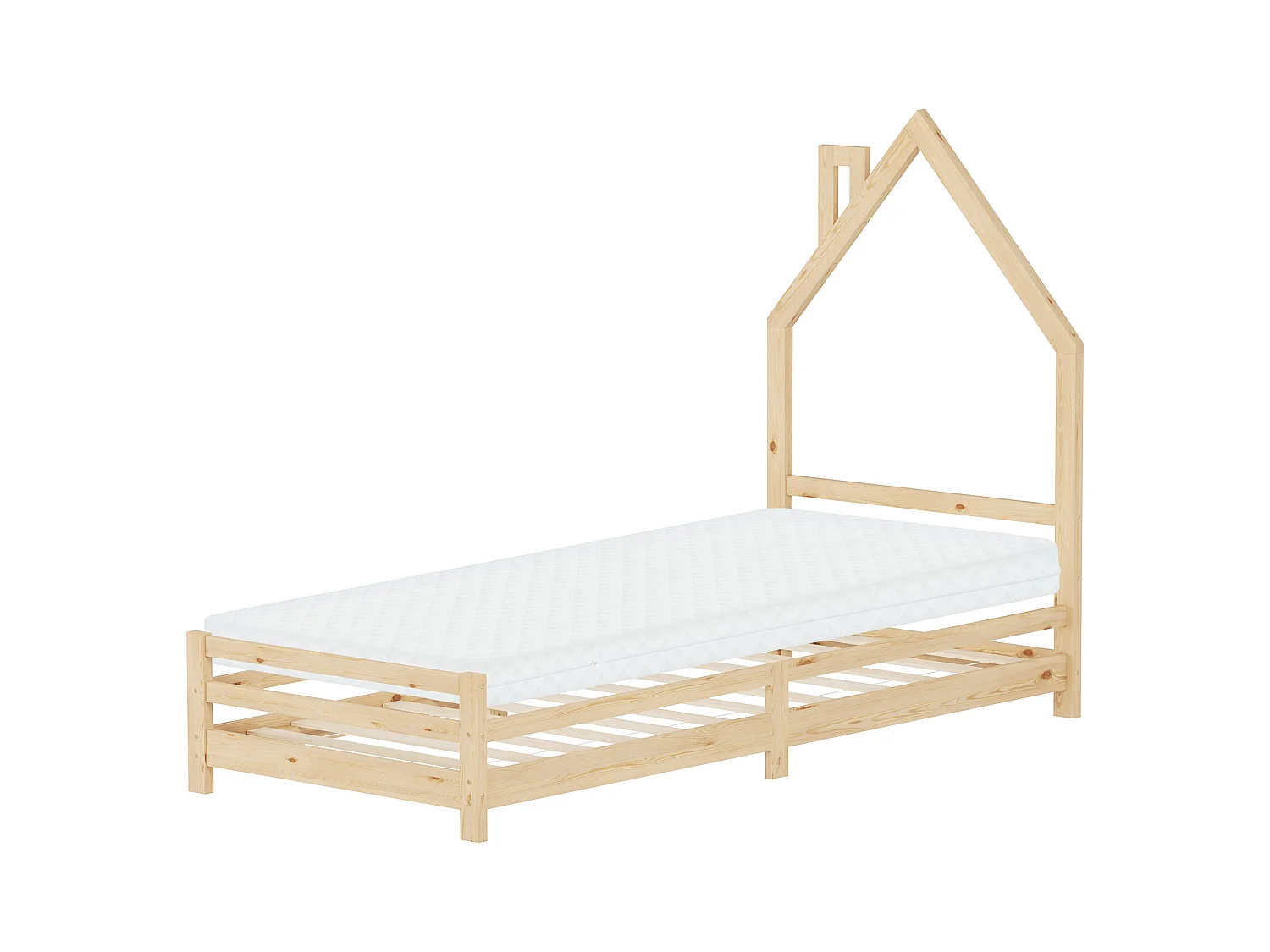Lit d'enfant 90x200 cm avec matelas H10 cm en mousse cadre naturel en bois design de maison pin massif robuste avec sommier à lattes et filet de but