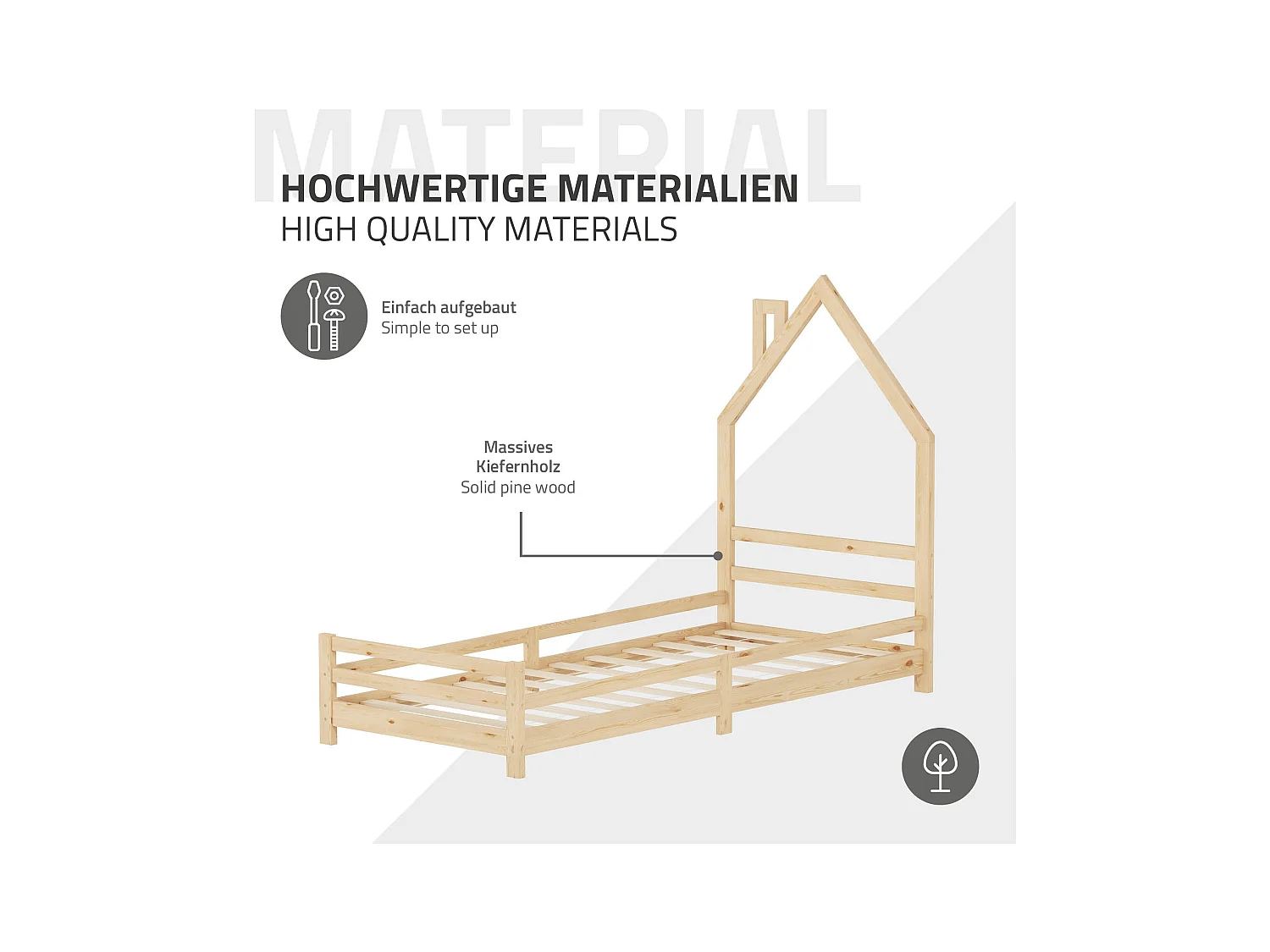 Lit d'enfant 90x200 cm avec matelas H10 cm en mousse cadre naturel en bois design de maison pin massif robuste avec sommier à lattes et filet de but