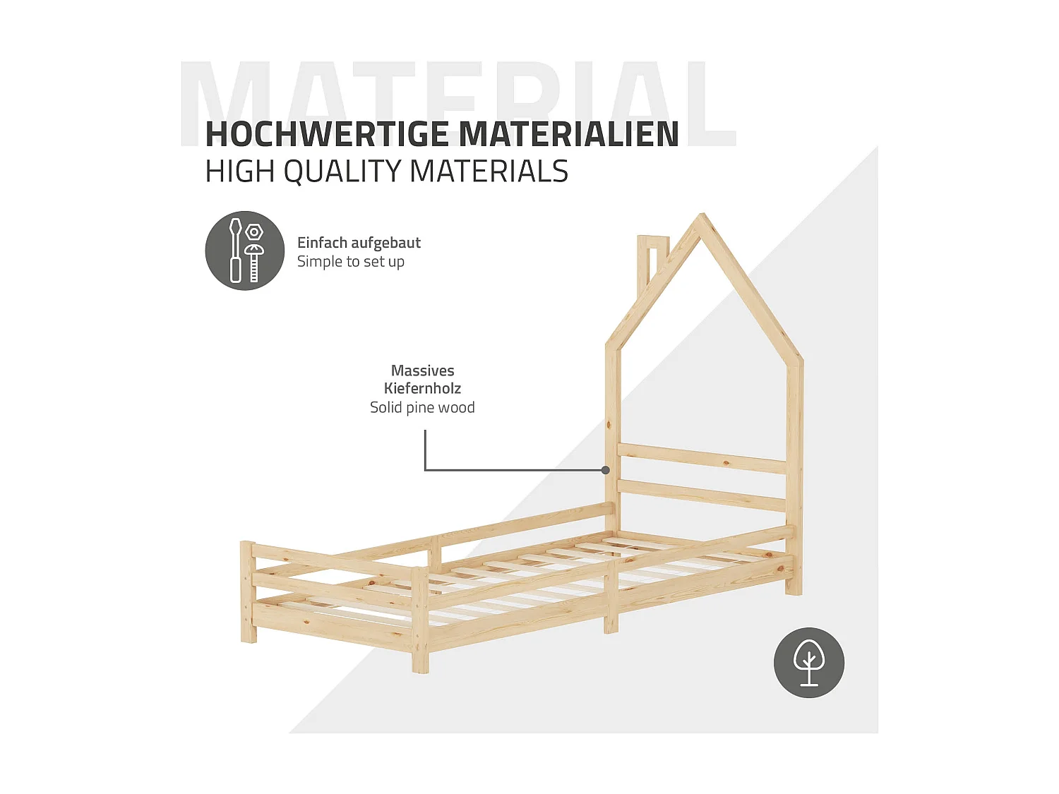 Lit d'enfant 90x200 cm avec matelas H10 cm en mousse cadre naturel en bois design de maison pin massif robuste avec sommier à lattes et filet de but