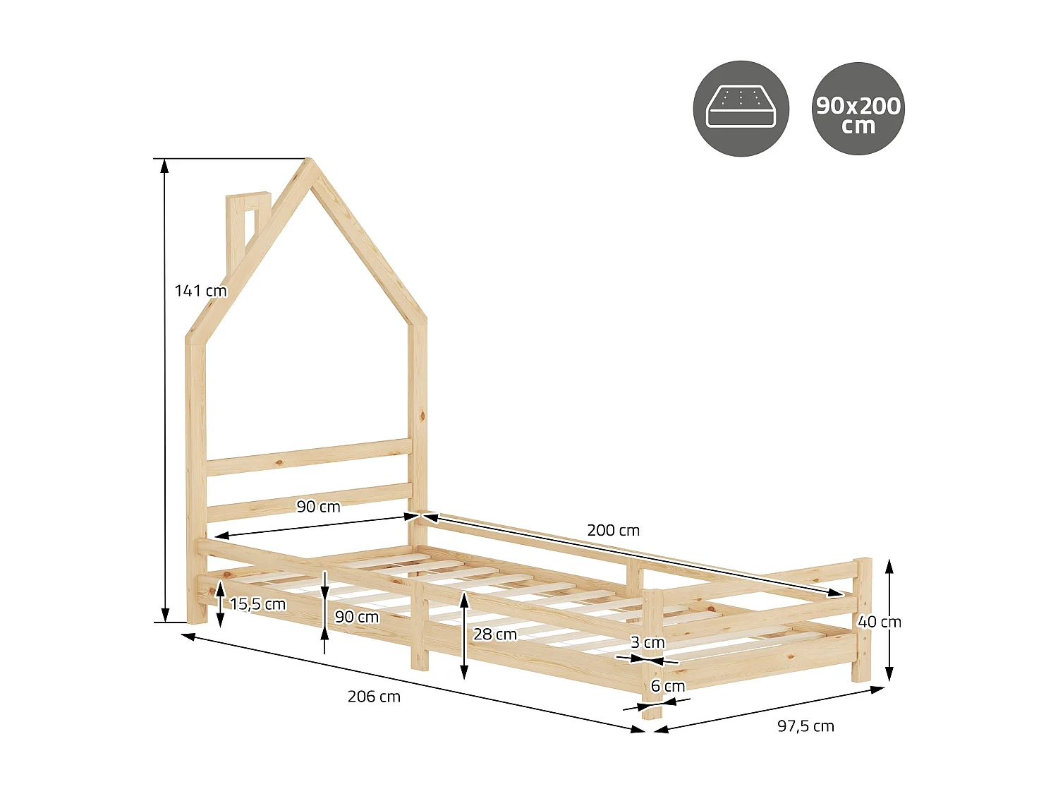 Lit d'enfant 90x200 cm avec matelas H10 cm en mousse cadre naturel en bois design de maison pin massif robuste avec sommier à lattes et filet de but