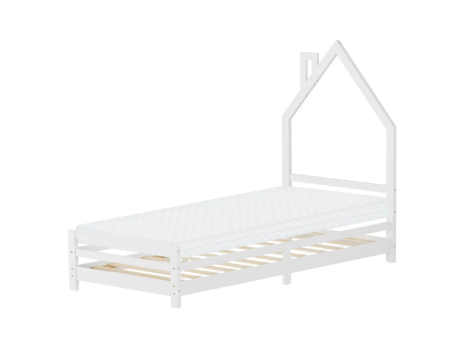 Lit d'enfant 90x200 cm avec matelas H10 cm en mousse cadre blanc en bois design de maison pin massif robuste avec sommier à lattes et filet de but