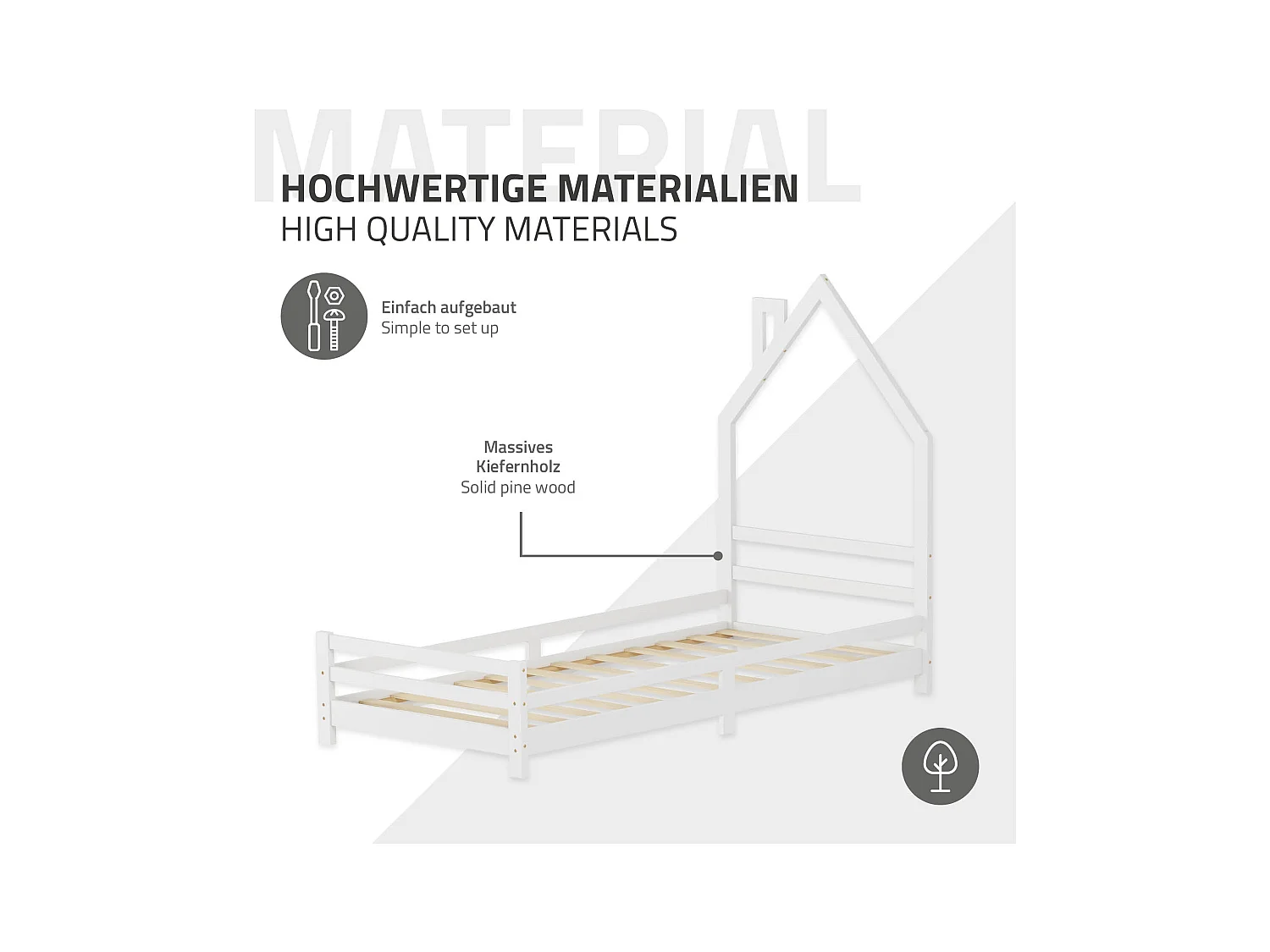 Lit d'enfant 90x200 cm avec matelas H10 cm en mousse cadre blanc en bois design de maison pin massif robuste avec sommier à lattes et filet de but